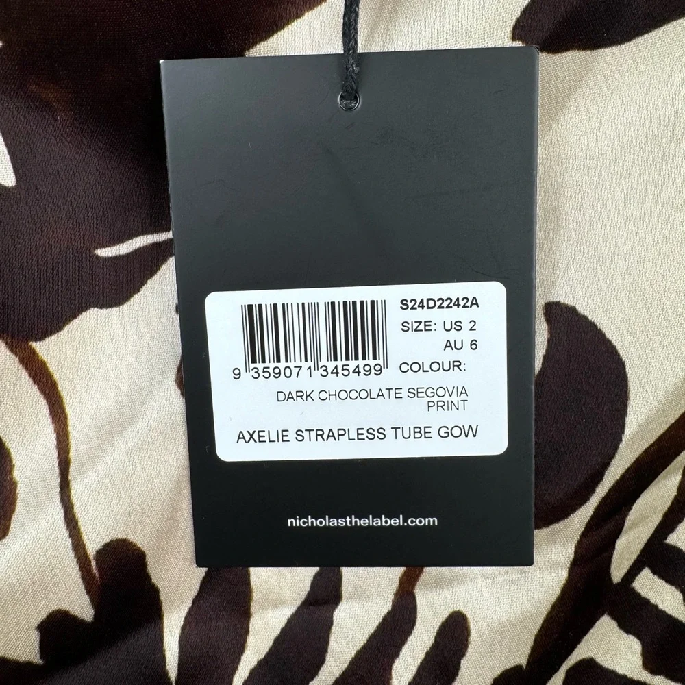 Nicholas The Label Axelie Strapless Tube Gown Dark Chocolate Segovia Print Sz 2 - Picture 8 of 13